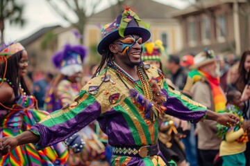 Dancers in colorful costumes celebrate at the Mardi Gras parade, radiating festivity.