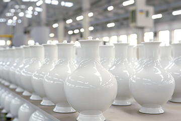 Sleek white vases in a neat row, captured in a bright industrial setting