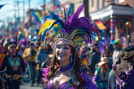 A mysterious woman dazzling in a vibrant purple and green costume at a lively Mardi Gras parade in February.
