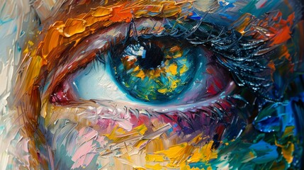 A colorful abstract portrait oil painting of an eye, close-up, with swirls of colored acrylic paint, smooth vibrant and vivid multicolor tones. Concept of art, painting, illustration.