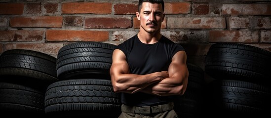 Eco-friendly man standing confidently in front of a stack of used tires at recycling plant