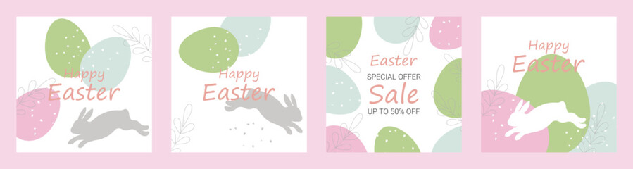 Easter card set.Easter collection of abstract square templates in minimalist style with bunny,easter eggs and space for text. Vector illustrations for social media posts and stories, postcards.