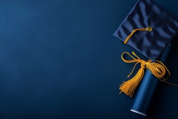 A vibrant blue graduation cap and tassel are elegantly displayed on a matching blue background, symbolizing academic achievement and success.