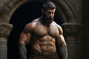 Fototapeta na wymiar Chiseled Man muscular medieval photo shot. Beard person. Generate Ai