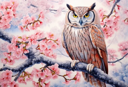 Owl on a cherry tree branch , lovely pink  flowers