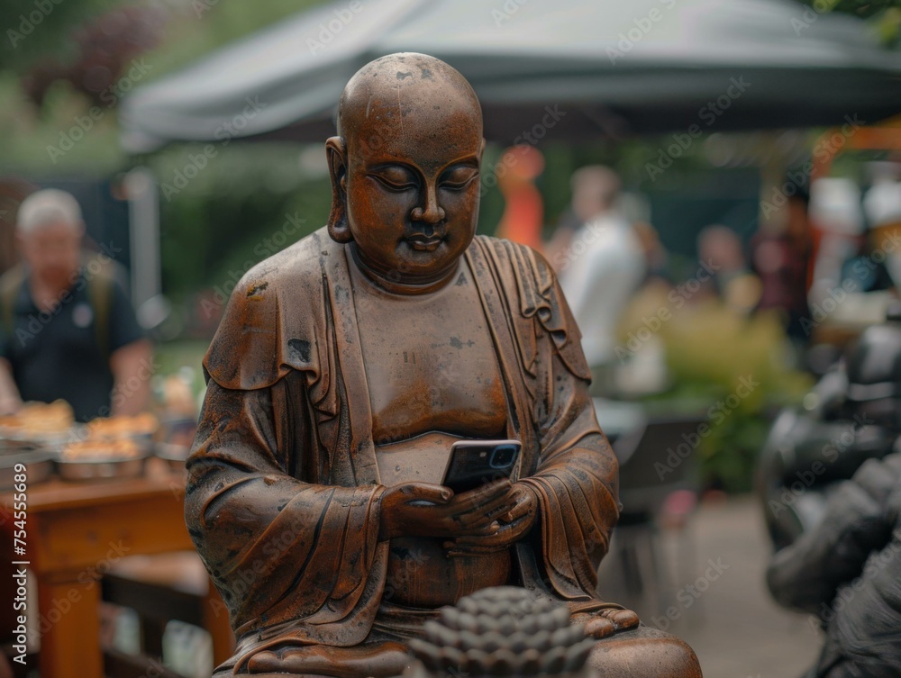 Canvas Prints A statue of a buddha statue is looking at a cell phone. Generative AI.