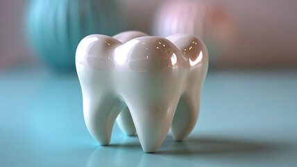 False teeth. Artificial jaw on a blue background, close-up. Dentoform, Dental teeth model. Dental Model. Close-up tooth model mock tooth on blue background, close-up