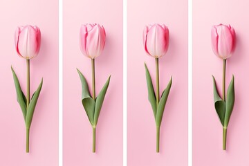 Pink tulips on pastel background. Happy Easter. Greeting card for Women's or Mother's day or spring sale banner. Valentine's Day, Birthday celebration concept. Flat lay, top view