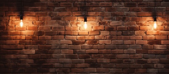 A brick wall adorned with three vintage lights, casting a warm glow on the weathered surface. The lights stand out against the rough texture of the wall, creating a unique visual contrast.