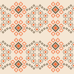 Traditional ethnic motifs ikat geometric fabric pattern cross stitch.Ikat embroidery Ethnic oriental Pixel brown cream background. Abstract,vector,illustration. Texture,scarf,decoration,wallpaper.