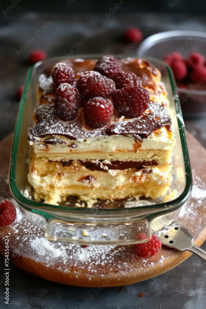 Poster a layered cake with raspberries on top. generative ai.