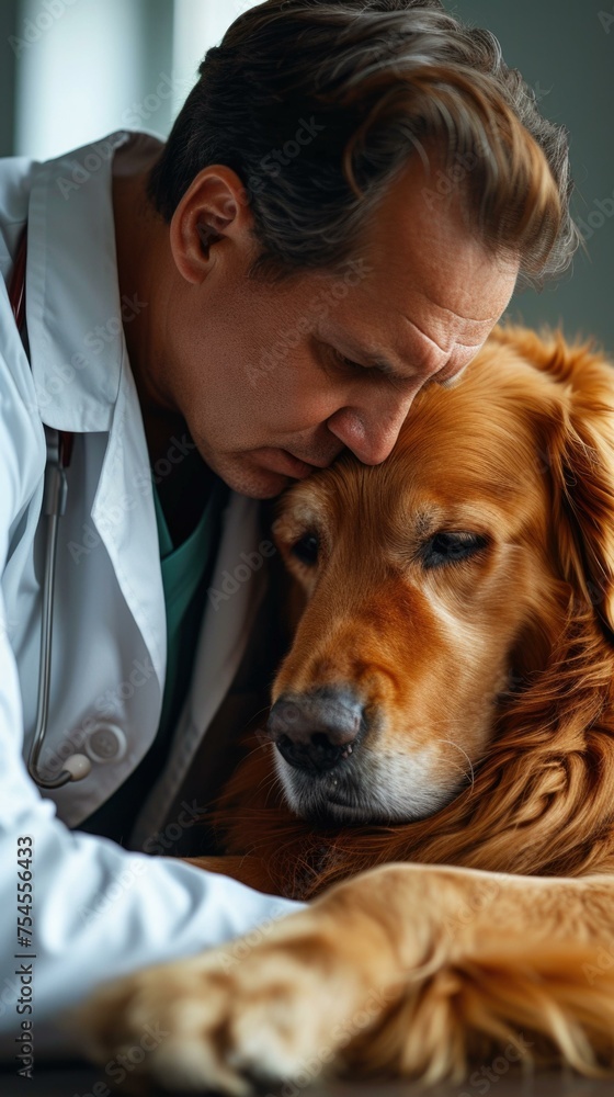 Poster a man in a white lab coat is hugging a dog. generative ai.