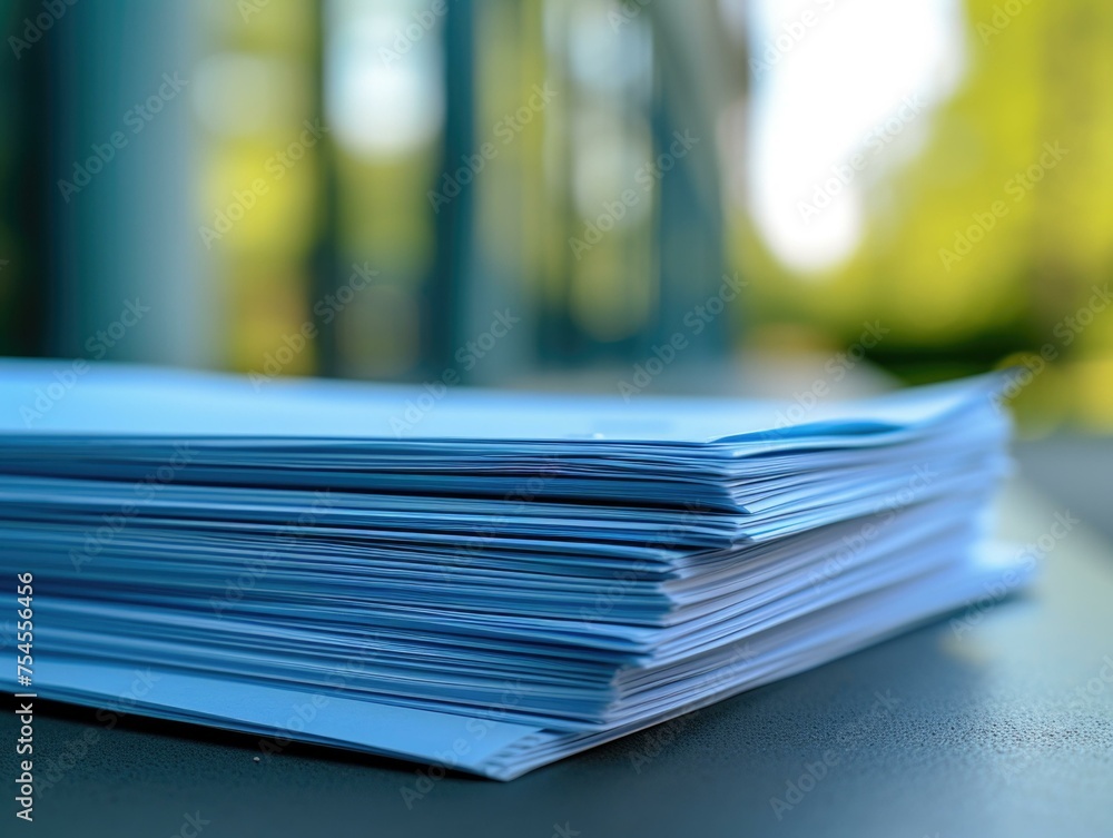 Poster a stack of papers on a table. generative ai.