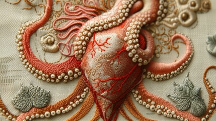 An octopus is embroidered on a piece of fabric. Generative AI.