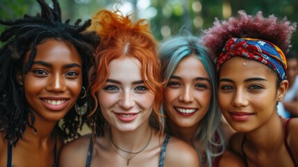 Four young women with colorful hair posing for a photo. Generative AI.