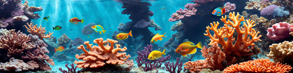Naklejka na ściany i meble Horizontal banner with ocean reef with colorful corals, tropical fish and sunlight streaming through the sea water. Underwater world beauty illustration