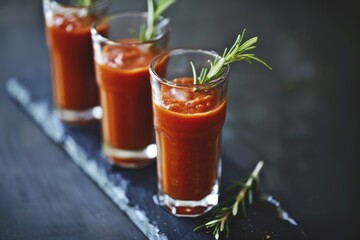 Bloody Mary cocktail in shots with a sprig of rosemary