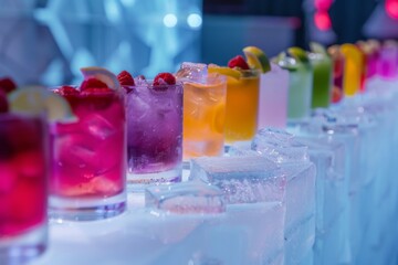 Multi-colored alcoholic cocktails with ice in shots