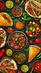 Stylized depictions of delicious Mexican cuisine, mobile phone wallpaper