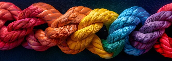Colorful Rope Knots, Team rope teamwork unity diverse strength connect partnership concept, Strong diverse network rope team concept