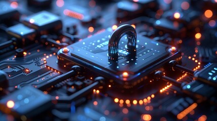  digital padlock over circuit board cyber security concept