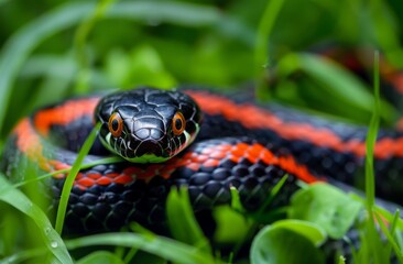 Obraz premium Black and red snake slithering through green grass, close up shot. The orange patterned stripes of the head stand out against the black body.
