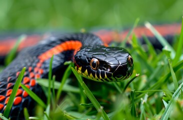 Obraz premium Black and red snake slithering through green grass, close up shot. The orange patterned stripes of the head stand out against the black body.