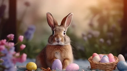 Gordijnen Easter hunt concept with eggs and hare © Spyrydon