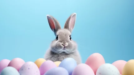 Rolgordijnen Easter hunt concept with eggs and hare © Spyrydon