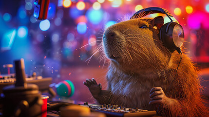 Cute capybara wearing headphones and acting as a DJ at a DJ mixer in a nightclub or at a music festival