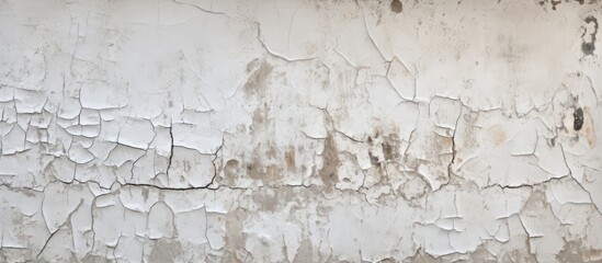The image shows an old concrete wall with cracked, flaking white paint. The weathered surface displays patterns of cracks and peeling paint, creating a textured background for design purposes.