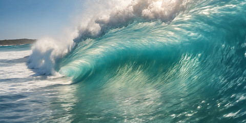 Giant ocean surf wave on a sunny day. Seascape illustration with stormy sea, turquoise water with white foam and splashes, sun and blue sky