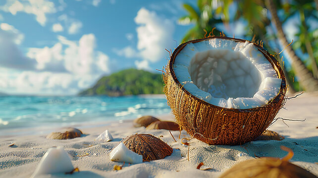 Coconuts on the beach with copy space