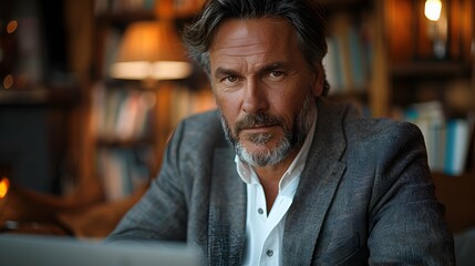 Fototapeta premium Smiling Mature Business Executive Engaged in Virtual Meeting on Laptop