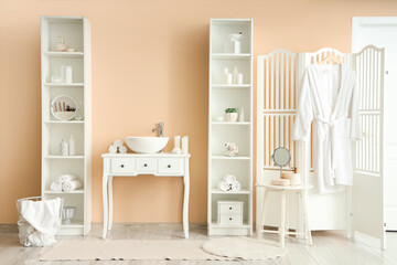 Interior of stylish bathroom with sink and shelving units