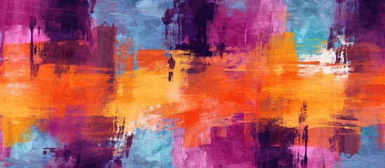 This abstract painting features vibrant colors contrasted against a deep blue background. Swirling brush strokes and bold shapes create a dynamic and energetic composition.