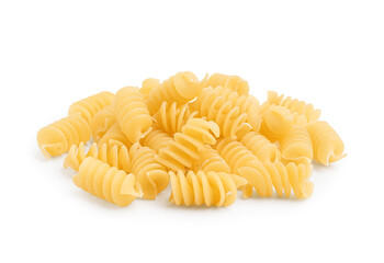 Tasty uncooked fusilli pasta on white background