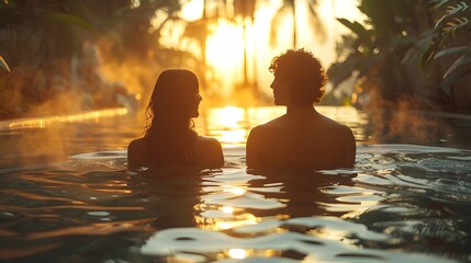 Middle-aged couple enjoying a swim in the pool of a Spa-Resort hotel