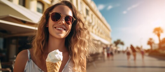 A tourist woman visiting the city is enjoying her summer vacation by eating an ice cream cone. She is wearing sunglasses and appears to be capturing her travel experience through a camera. The scene - obrazy, fototapety, plakaty