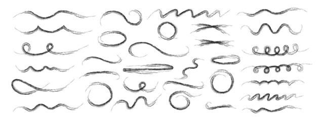 Hand drawn wavy strokes, crosshatching ovals. Decorative vector graphic elements. Black brush strokes and pencil strokes. Typographic strokes and stroke tails