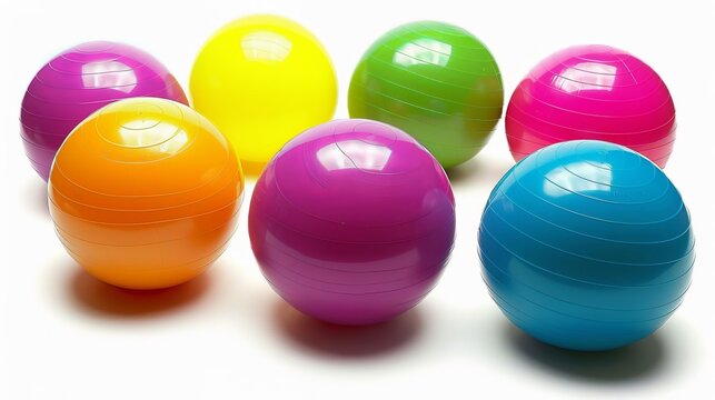 Colorful fitness balls stand out against a white background, isolated to emphasize their vibrant hues and promote a visually striking image.