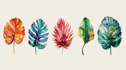 set of different leaf icons on white background , Tropical green flowers and leaves exotic set of isolated element greeting cards , covers, banners and posters for walls, beautiful paint art	 - obrazy, fototapety, plakaty