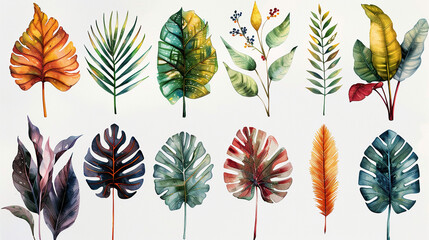 set of different leaf icons on white background , Tropical green flowers and leaves exotic set of isolated element greeting cards , covers, banners and posters for walls, beautiful paint art	