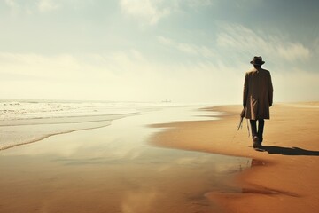 Picturesque Man sea walk beach. Sporty alone. Generate Ai