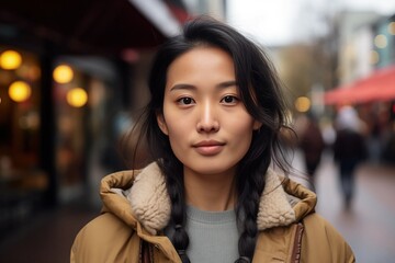 A Asian Beautiful Woman in her 20s or 30s talking head shoulders shot bokeh out of focus background on a cosmopolitan western street vox pop website review or questionnaire candid photo - obrazy, fototapety, plakaty