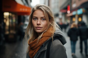A Scandinavian Beautiful Woman in her 20s or 30s talking head shoulders shot bokeh out of focus background on a cosmopolitan western street vox pop website review or questionnaire candid photo - obrazy, fototapety, plakaty