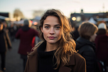 White Beautiful Woman in her 20s or 30s talking head shoulders shot bokeh out of focus background on a cosmopolitan western street vox pop website review or questionnaire candid photo - obrazy, fototapety, plakaty