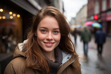 A White Beautiful Woman in her 20s or 30s talking head shoulders shot bokeh out of focus background on a cosmopolitan western street vox pop website review or questionnaire candid photo - obrazy, fototapety, plakaty