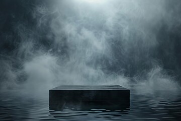 Abstract concept with a dark theme Featuring a podium surrounded by mist and water Ideal for showcasing products - obrazy, fototapety, plakaty