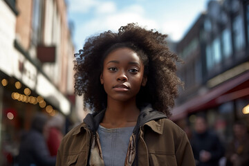 Black Beautiful Woman in her 20s or 30s talking head shoulders shot bokeh out of focus background on a cosmopolitan western street vox pop website review or questionnaire candid photo - obrazy, fototapety, plakaty